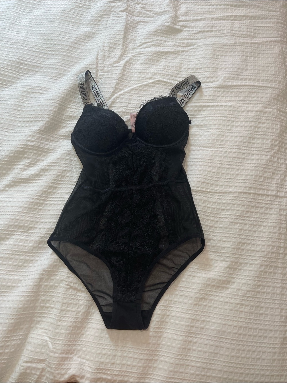 Black Lace Bodysuit with Juicy Couture Branded Straps